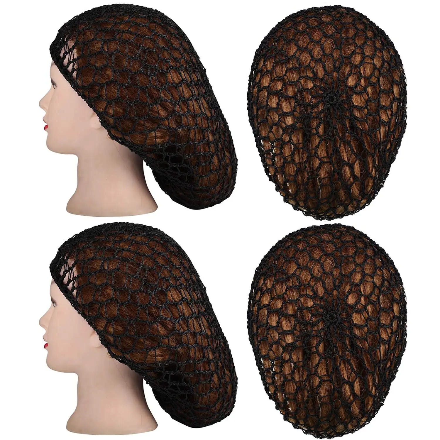 1-2 елемента Памучни черни шапки за перука с дълги шарени, плетене на перуки, окото основа, машина с регулируема каишка, мрежа за коса, за сън Изображение 4