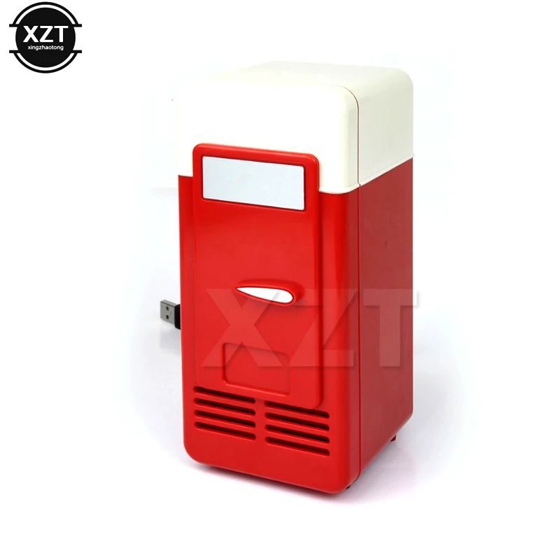 1 бр. мини настолен USB-хладилник-охладител за напитки, охладител кутийки за напитки, USB-притурка с led подсветка, нов, черен, червен Изображение 1