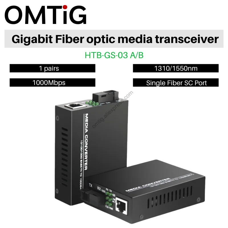 1 Чифт HTB-GS-03 A/B Gigabit Оптичен Медиаконвертер 1000 Mbps Однорежимный Одноволоконный SC-Порт 20 км С Блок Захранване Изображение 0