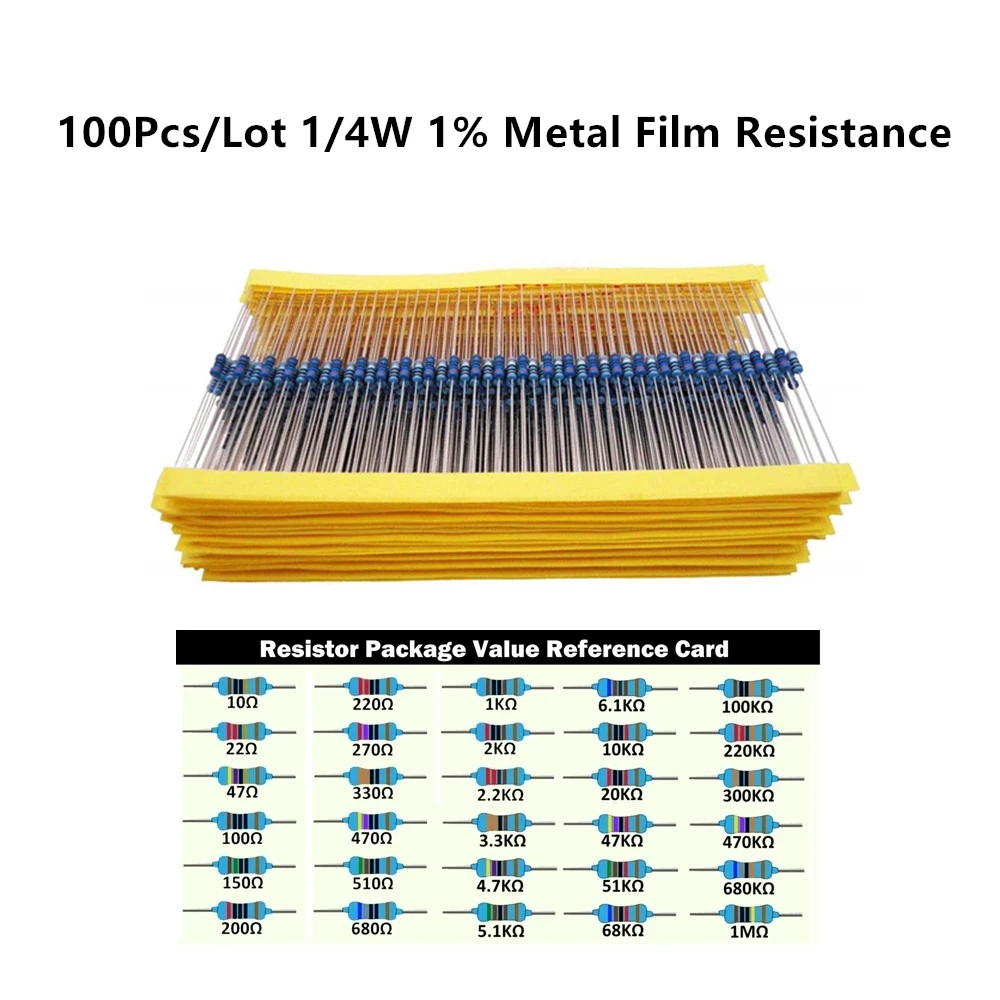 100шт 1/4 W 10 Ома-1 M 1% Метален филмът резистор 0,25 W 2,2 10 100 120 150 220 270 330 470 1 До 2,2 До 4,7 До 10 На 100 от 470 До 1 M Ома Изображение 0