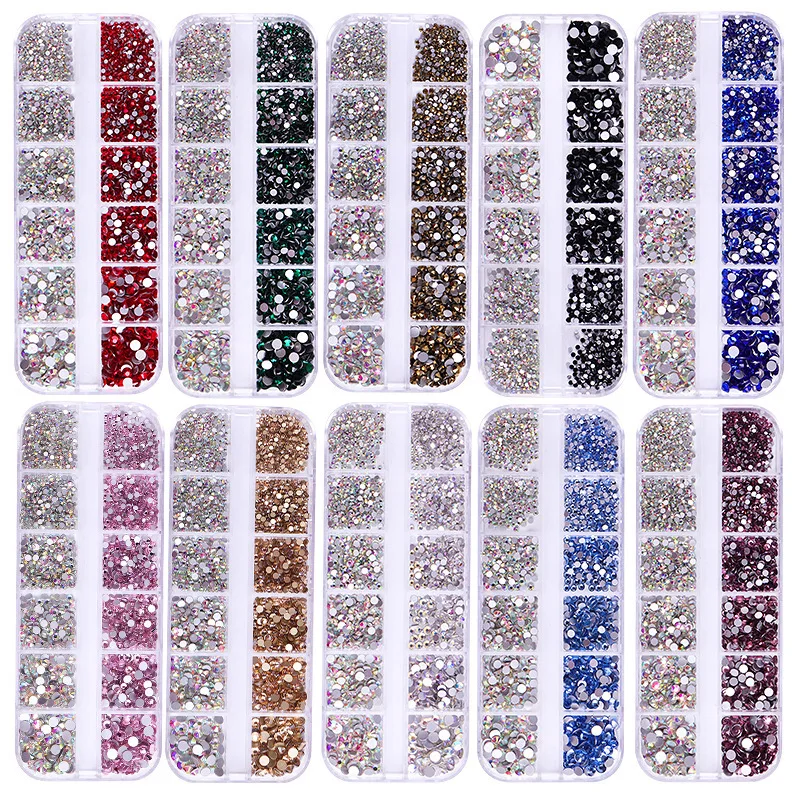 12 Тежи 1500 бр. Стикери за нокти с различни размери с кристали, блестящи диаманти за маникюр, апликация с клеевыми побрякушками, търговия на едро и комплекти за нокти Изображение 1
