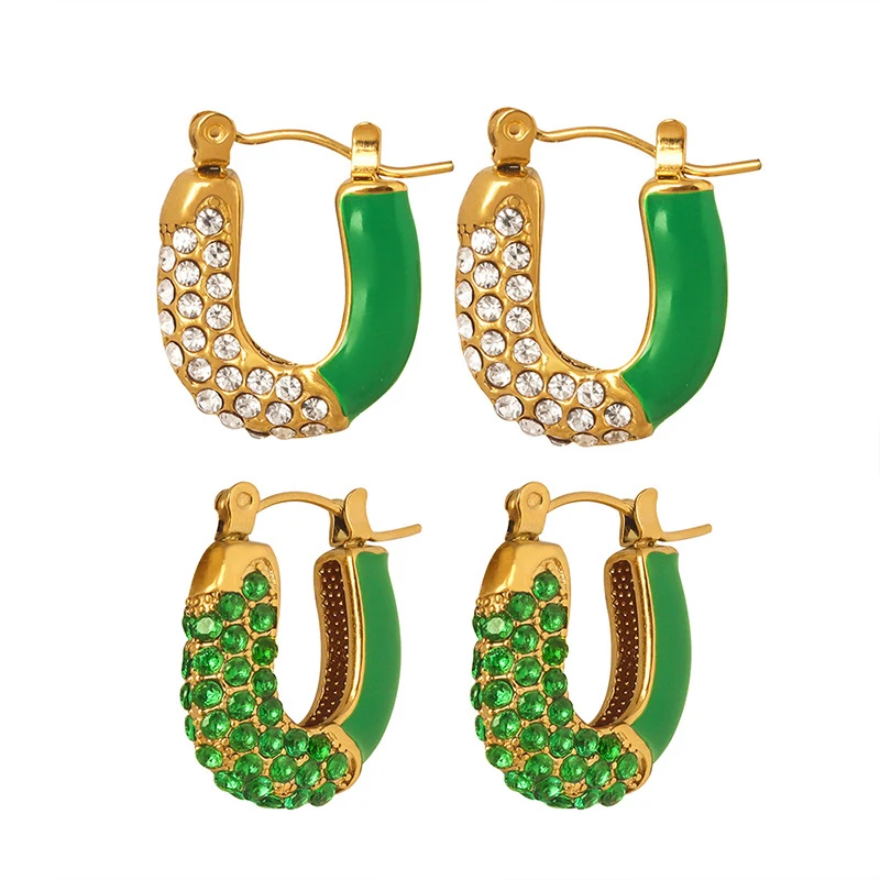 18-Каратная позлатена неръждаема стомана, Стъкло, камък, U-Образни зелени обеци Emanel Huggie за жени, стилен подарък под формата на обеци Изображение 0