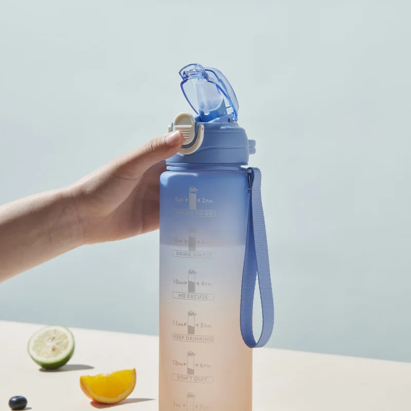 1Л Велосипедна Бутилка за вода с соломинкой, по-голям капацитет, бутилка за спорт на открито, градиент цветна чаша, пластмасова чаша за вода с марка време Изображение 3