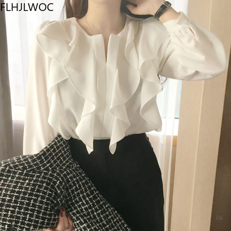 2021, дамска мода, корейски луксозни потници, блузи, Дамски Елегантен базова дрехи с дълъг ръкав, Офис женска Работна риза с папийонка, Блузи Изображение 0