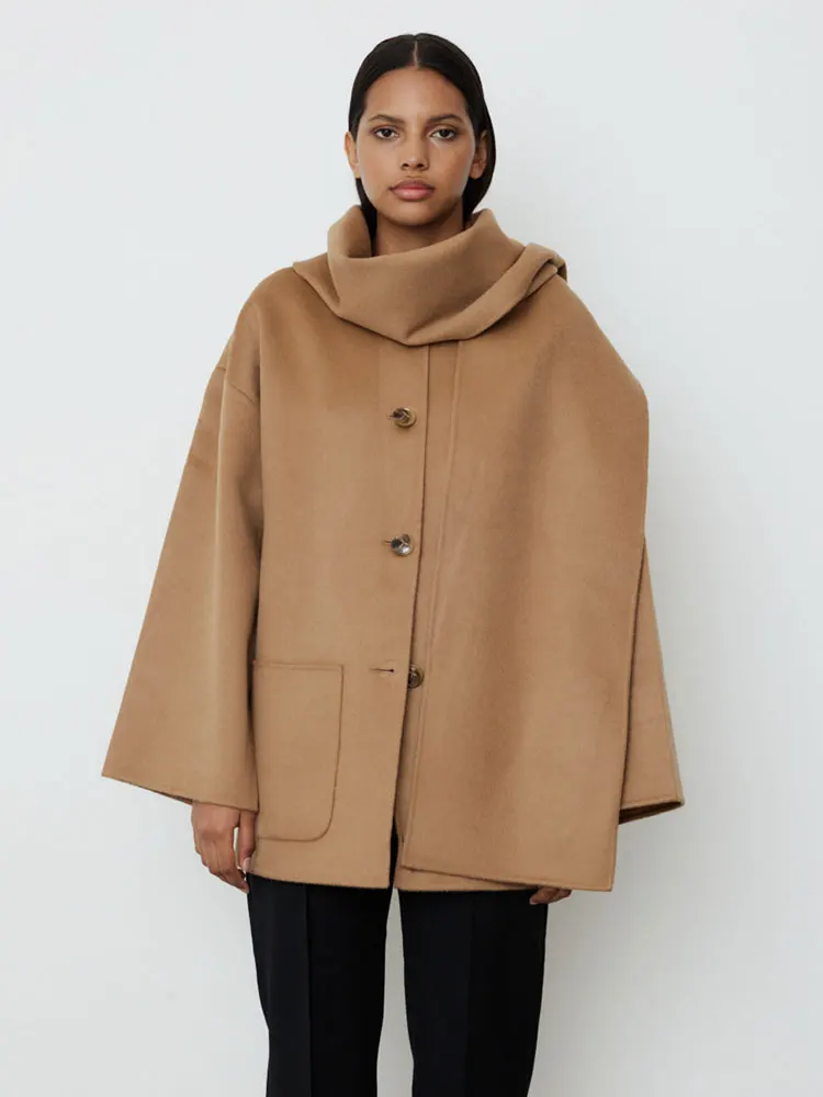 2022, есенно-зимния ново свободно двустранно вълна палто с яка-шал, женски покривка къса козина Изображение 0