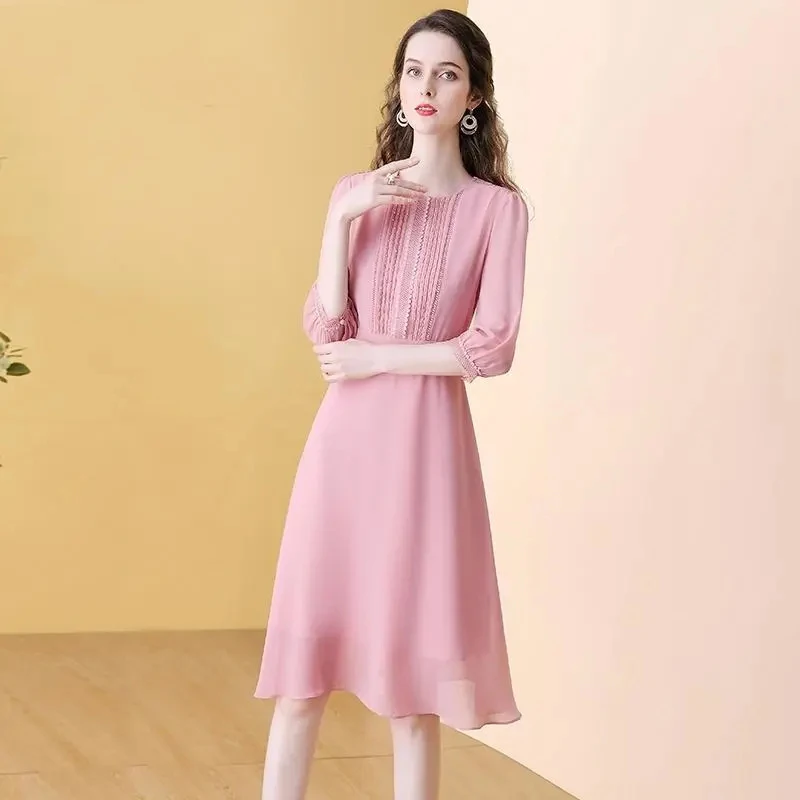 2022 Ново пролетта rose шифоновое рокля с талия на жената приталенное рокля с темперамент Изображение 0