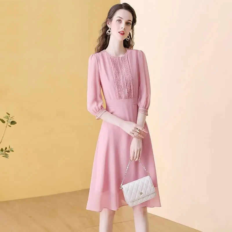 2022 Ново пролетта rose шифоновое рокля с талия на жената приталенное рокля с темперамент Изображение 1