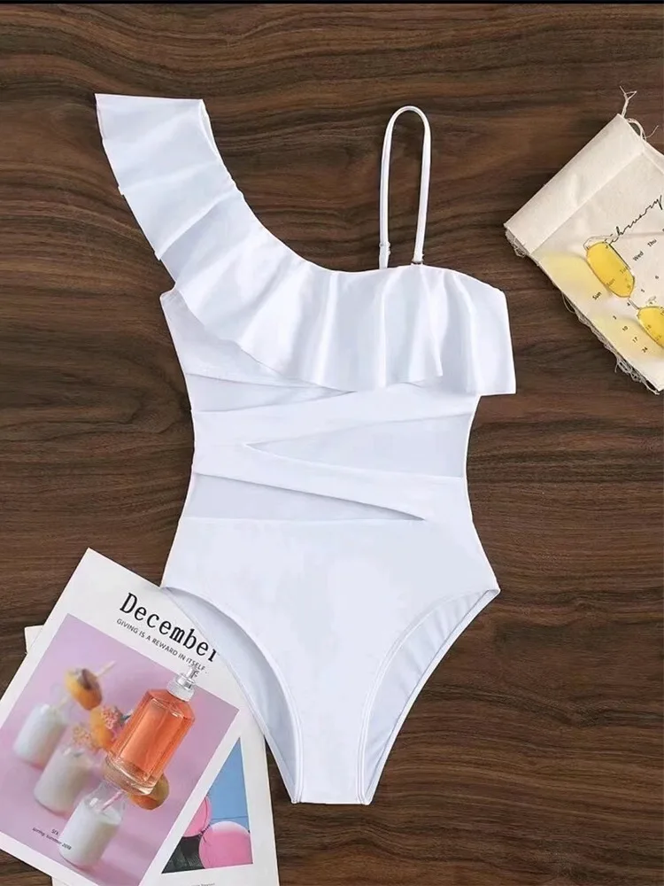 2023 Бял едно парче бански, дамски бански, секси бански костюм с рюшами на едно рамо, женски монокини, боди, бански на плажа Изображение 4