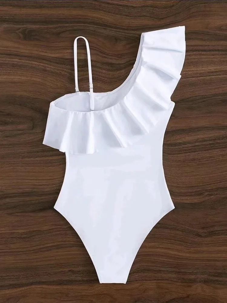 2023 Бял едно парче бански, дамски бански, секси бански костюм с рюшами на едно рамо, женски монокини, боди, бански на плажа Изображение 5