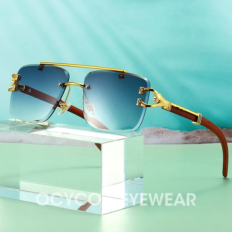 2023 Класически Vintage Слънчеви Очила с квадратни леопардовой главата без рамки, женски Мъжки модни луксозни Маркови дизайнерски Слънчеви очила от дърво и метал Изображение 0