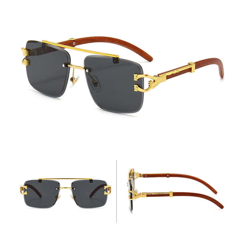 2023 Класически Vintage Слънчеви Очила с квадратни леопардовой главата без рамки, женски Мъжки модни луксозни Маркови дизайнерски Слънчеви очила от дърво и метал Изображение 2