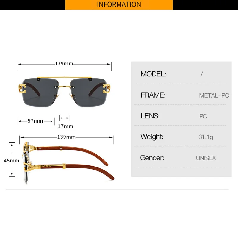 2023 Класически Vintage Слънчеви Очила с квадратни леопардовой главата без рамки, женски Мъжки модни луксозни Маркови дизайнерски Слънчеви очила от дърво и метал Изображение 3