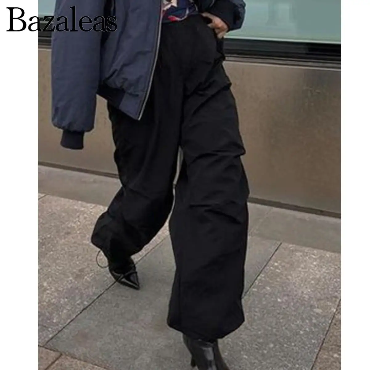 2023, магазин bazaleas, дамски панталони Y2K с завязками, женски улични разтеглив плисирани панталони за бягане със средна талия Изображение 0