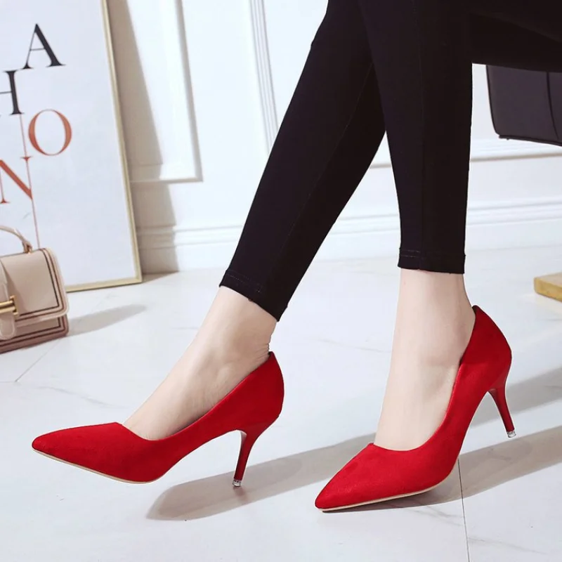 2023 Нови дамски фини обувки с остър пръсти на високи токчета, дамски професионална работна обувки, дамски велурени обувки-лодка в голям размер, в насипно състояние, черен, червен Изображение 1