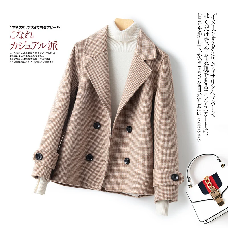 2023 Ново двустранно кашемировое палто, женски кратък костюм с яка, вълна палто в клетката, малко от висококачествена 100% чиста вълна Изображение 0