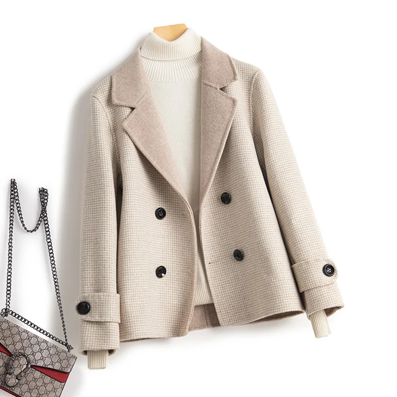 2023 Ново двустранно кашемировое палто, женски кратък костюм с яка, вълна палто в клетката, малко от висококачествена 100% чиста вълна Изображение 1