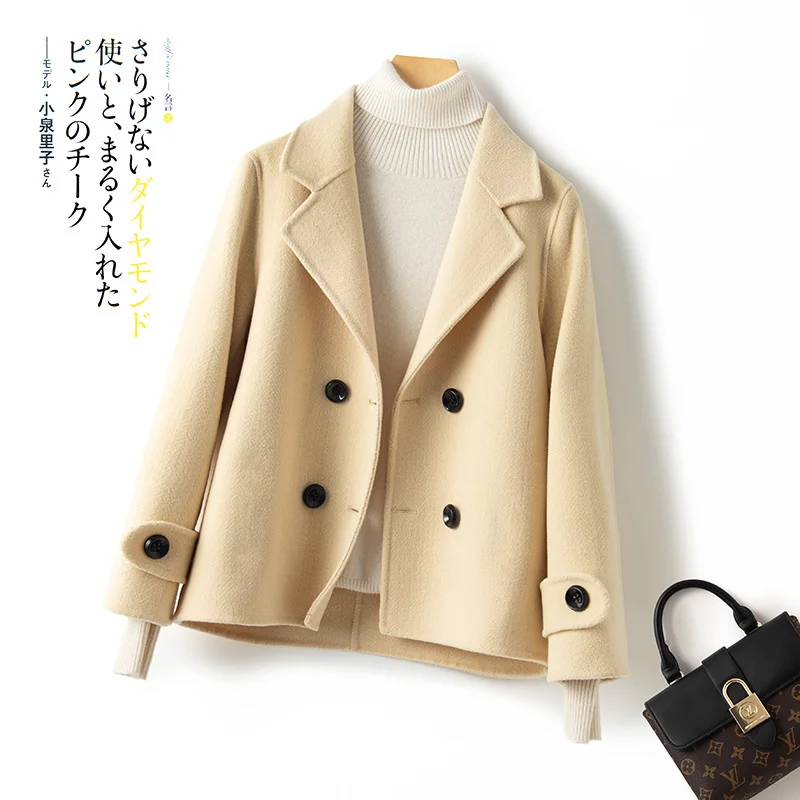 2023 Ново двустранно кашемировое палто, женски кратък костюм с яка, вълна палто в клетката, малко от висококачествена 100% чиста вълна Изображение 3
