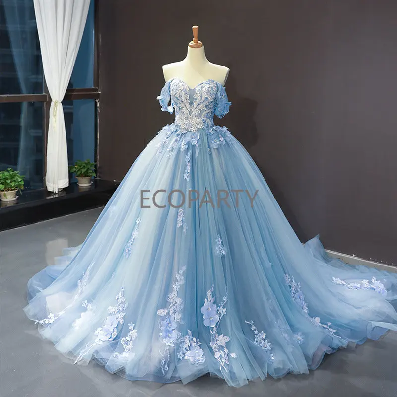 2023 Топката принцеса рокля с открити рамене, синьо сватбена рокля на Пепеляшка, сватбени рокли с корсет на гърба, дамски официални рокли Изображение 0