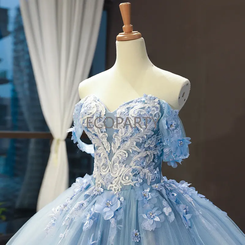 2023 Топката принцеса рокля с открити рамене, синьо сватбена рокля на Пепеляшка, сватбени рокли с корсет на гърба, дамски официални рокли Изображение 1