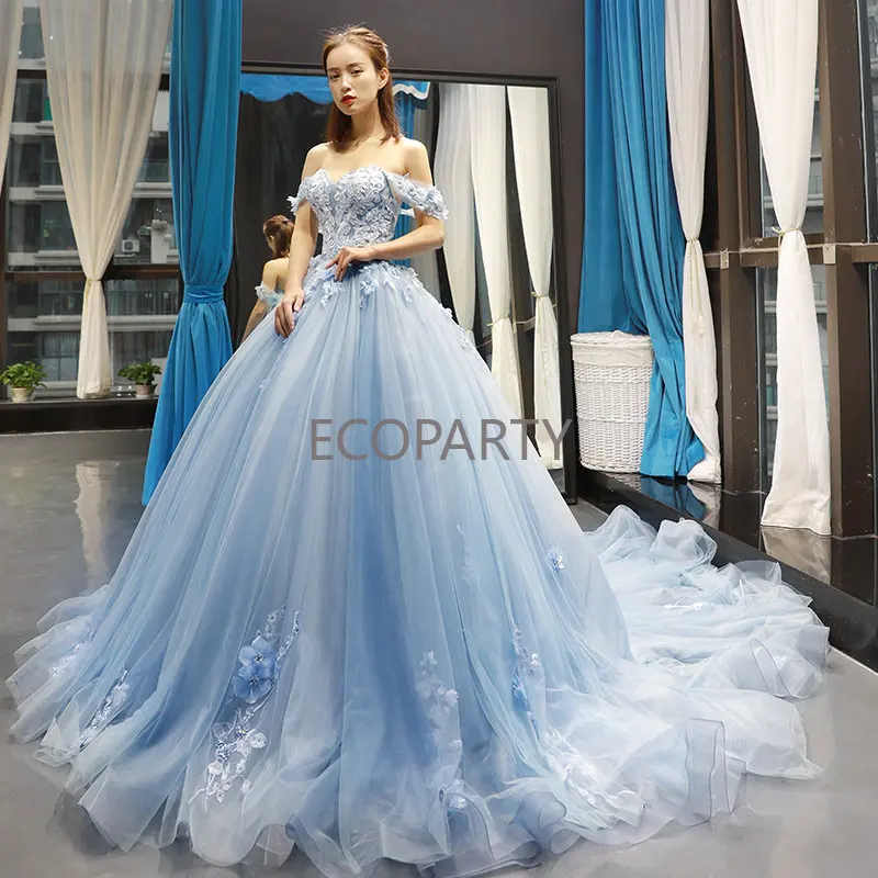 2023 Топката принцеса рокля с открити рамене, синьо сватбена рокля на Пепеляшка, сватбени рокли с корсет на гърба, дамски официални рокли Изображение 2