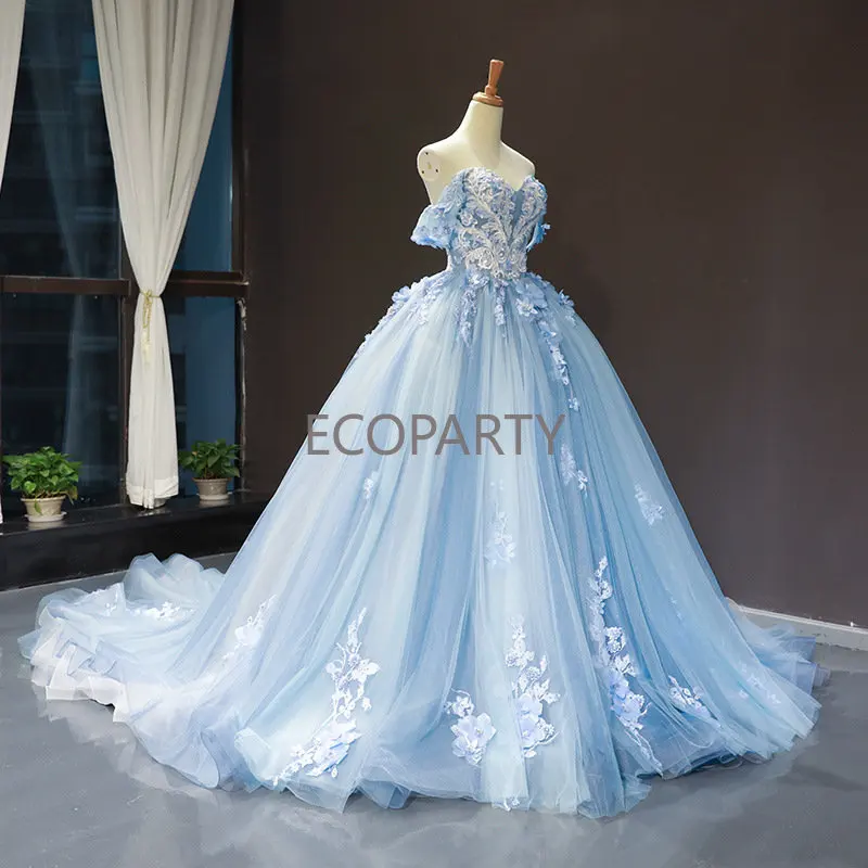 2023 Топката принцеса рокля с открити рамене, синьо сватбена рокля на Пепеляшка, сватбени рокли с корсет на гърба, дамски официални рокли Изображение 3