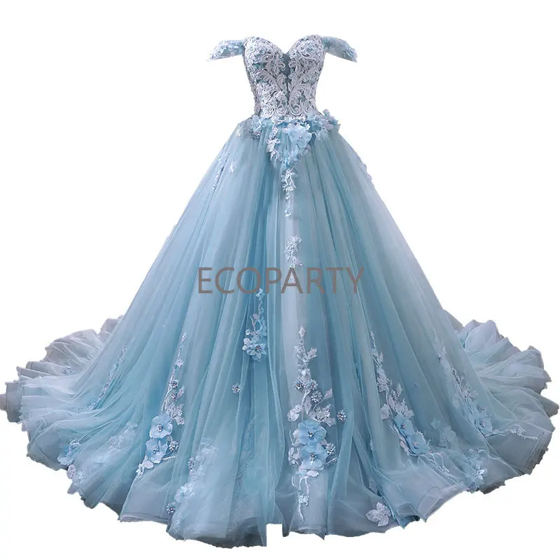 2023 Топката принцеса рокля с открити рамене, синьо сватбена рокля на Пепеляшка, сватбени рокли с корсет на гърба, дамски официални рокли Изображение 4