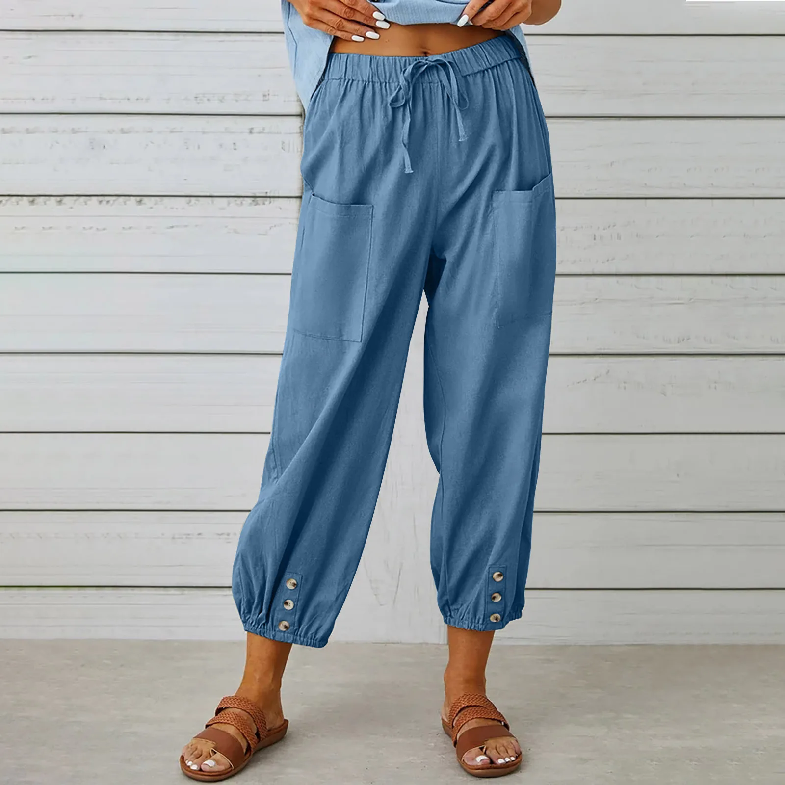 2023New свободни памучни панталони от коноп, с висока талия и копчета, панталони с девет точки, широки дамски панталони, широки дамски панталони Изображение 5