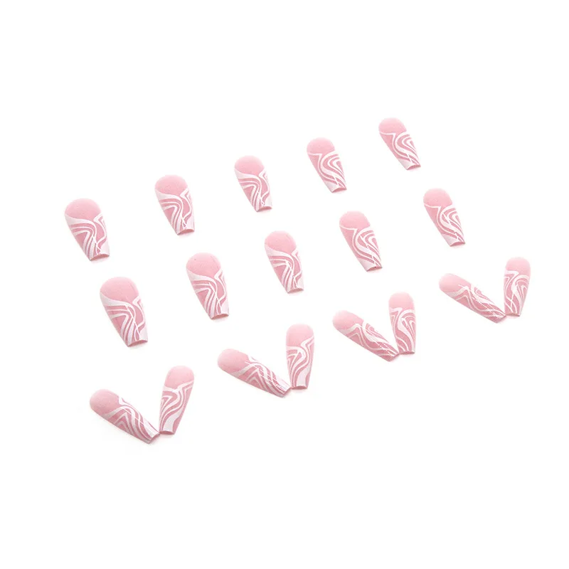 24 бр. Удължени режийни ноктите наклон розов цвят, с бяла линия, дизайн на въздушната нокти, пълно покритие, подвижна акрилни съвет за нокти Изображение 5