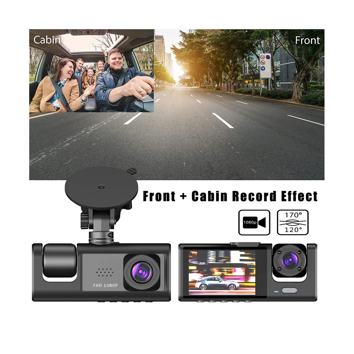 3 Обектива на камерата Автомобилен Видеорекордер 3-Канален Видеорекордер HD 1080P Отпред и отзад Рамките на Видеорегистратора Нощно Виждане Изображение 2