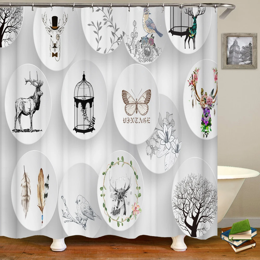 3D Завеса за душа в китайски стил с принтом цветя и птици, полиестерна водоустойчива душ завеса за баня, душ завеса за украса на дома с една кука Изображение 0