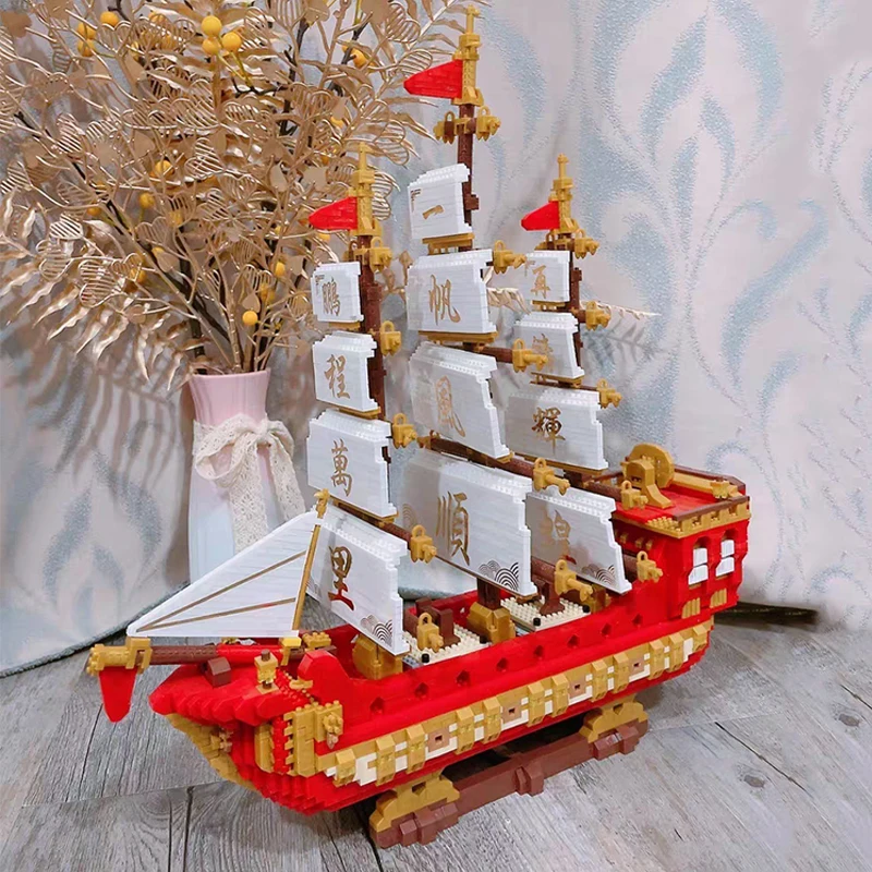 3D Модел на DIY Мини Диамантени Блокове Тухли Строителен Порцелан Древен Кораб Пиратски Кораб Морска Лодка Играчка за Деца Изображение 1
