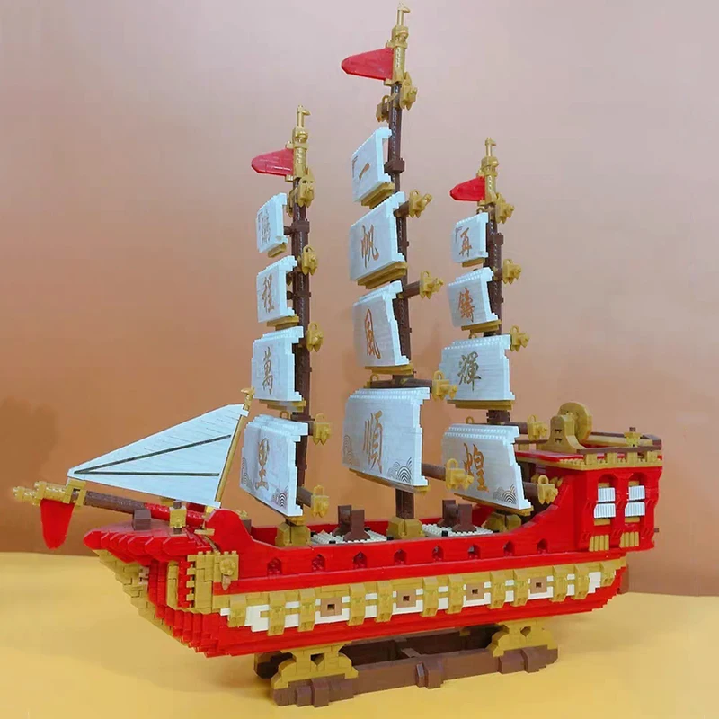 3D Модел на DIY Мини Диамантени Блокове Тухли Строителен Порцелан Древен Кораб Пиратски Кораб Морска Лодка Играчка за Деца Изображение 3