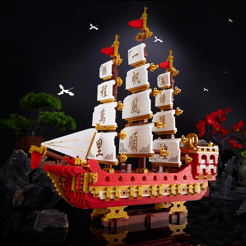 3D Модел на DIY Мини Диамантени Блокове Тухли Строителен Порцелан Древен Кораб Пиратски Кораб Морска Лодка Играчка за Деца Изображение 4
