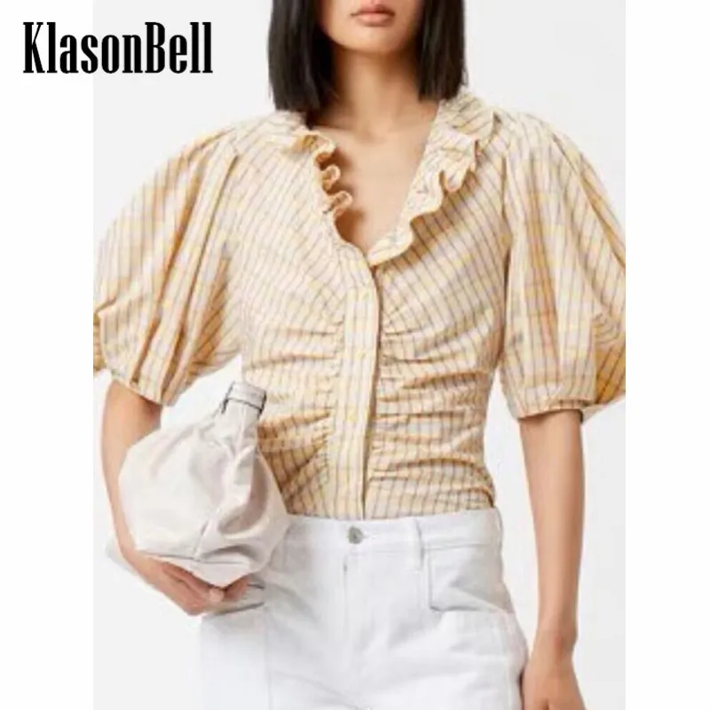 4,10 KlasonBell, новата жена на коприната в памучна тениска с V-образно деколте и с пищните ръкави в винтажную клетка с принтом и рюшами Изображение 0