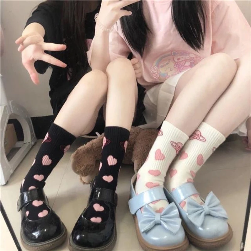 5 двойки големи розови чорапи Love, черни, бели чорапи със средна дължина, сладък студентски чорапи за момичета JK Lolita, прости модни чорапи Изображение 3
