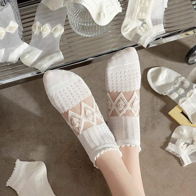 5 двойки/лот, женски бели чорапи, летни тънки копринени къси чорапи с кристали, дантелени чорапи в стил Лолита за момичета, ниска тръба, Сладки хладен чорап-машина за глезените Изображение 2