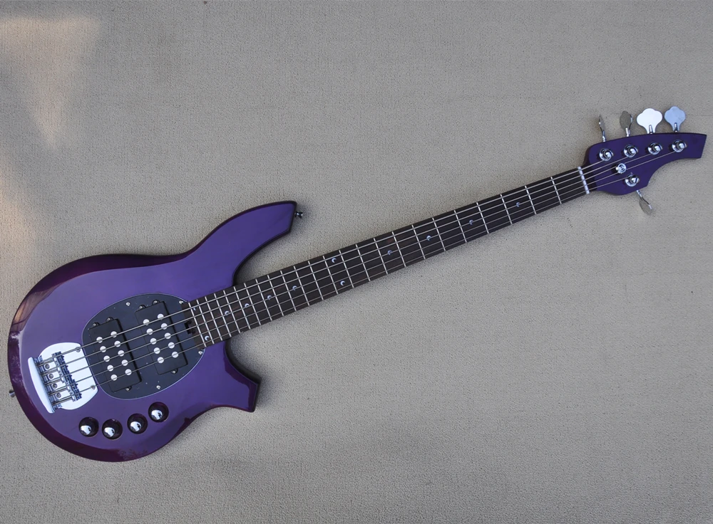 5-Струнен лъскава лилаво електрическа бас-китара с лунни вложки, хромирана профили, Предложението за поръчка Изображение 0