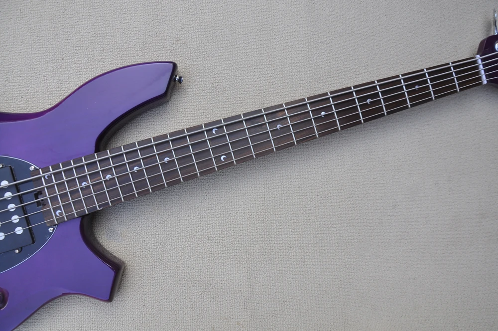 5-Струнен лъскава лилаво електрическа бас-китара с лунни вложки, хромирана профили, Предложението за поръчка Изображение 2