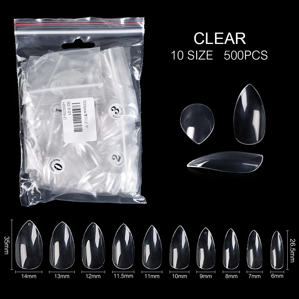 500 бр./пакет уши за маникюр на висок ток, натурални прозрачни бели въздушни накрайници с пълно покритие за изграждане с UV-гел, 10 размери изкуствени режийни нокти Изображение 1