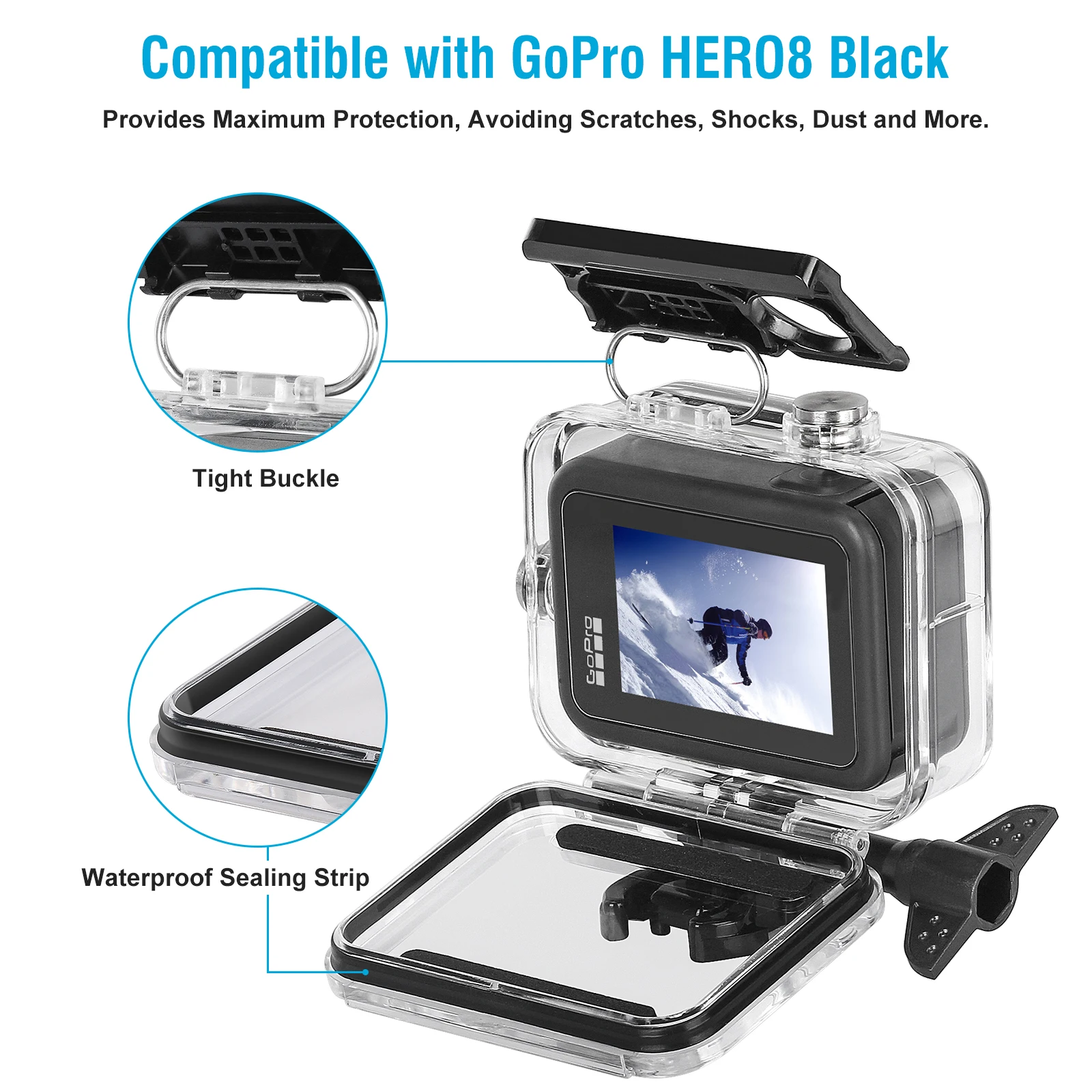 60 м GOPRO8 Водоустойчив защитен калъф GoPro Hero 8, черен корпус за гмуркане, за Go Pro 8, подводен калъф, аксесоари за екшън камери Изображение 1