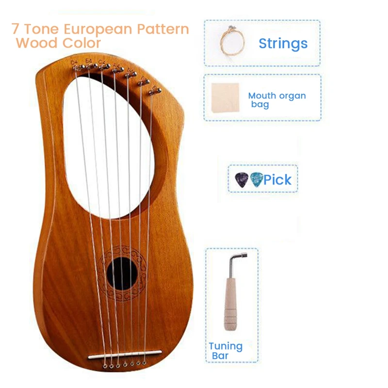 7-Струнен лира, арфа, wooden струнен музикален инструмент, с чанта за носене, допълнителен комплект струни и аксесоари в стила на Изображение 4