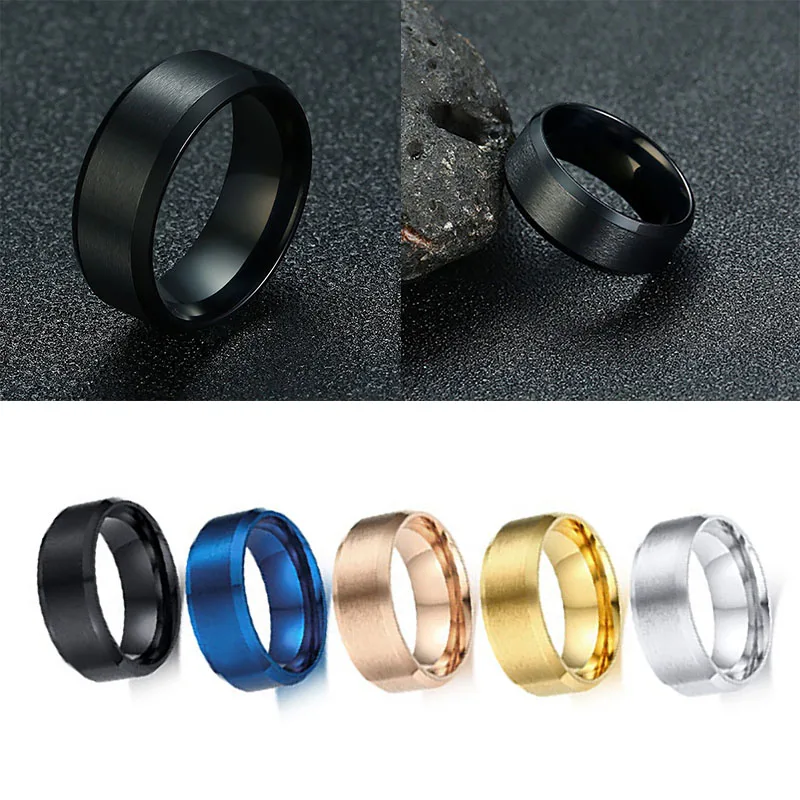8 мм от титанов стомана, скошенное широк пръстен, с Матирано голям пръстен за мъже, Пръстени от неръждаема Стомана, матово златен/черен/сребърен цвят, мъжки бижута Изображение 1