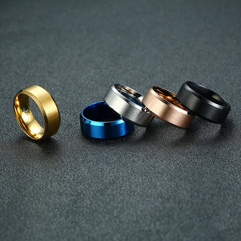 8 мм от титанов стомана, скошенное широк пръстен, с Матирано голям пръстен за мъже, Пръстени от неръждаема Стомана, матово златен/черен/сребърен цвят, мъжки бижута Изображение 5