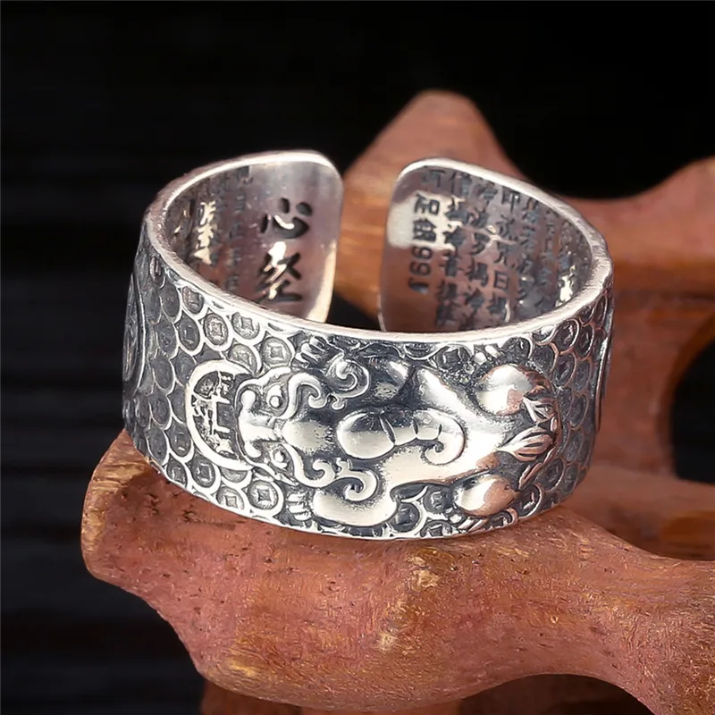 990 Сребърен пръстен Мъжки Реколта Сутра на Сърцето Смели Войски Pixiu Пръстени за мъже Дамски, Мъжки Бижута от Сребро Изображение 0
