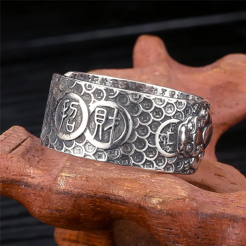 990 Сребърен пръстен Мъжки Реколта Сутра на Сърцето Смели Войски Pixiu Пръстени за мъже Дамски, Мъжки Бижута от Сребро Изображение 4