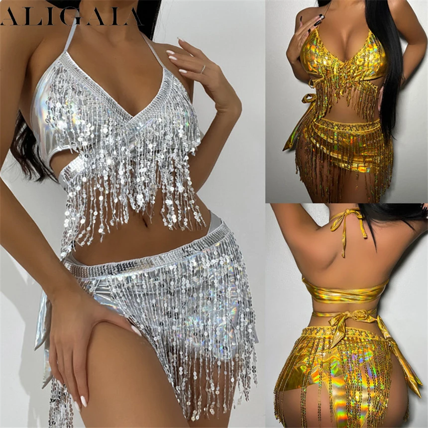 Aligaia/ Секси, блестящи комплекти бикини от 3 теми за жени, съкратен топ на бретелях с завязками, фестивал облекло за нощни партита, клубни дрехи, мини-пола с пискюли Изображение 0