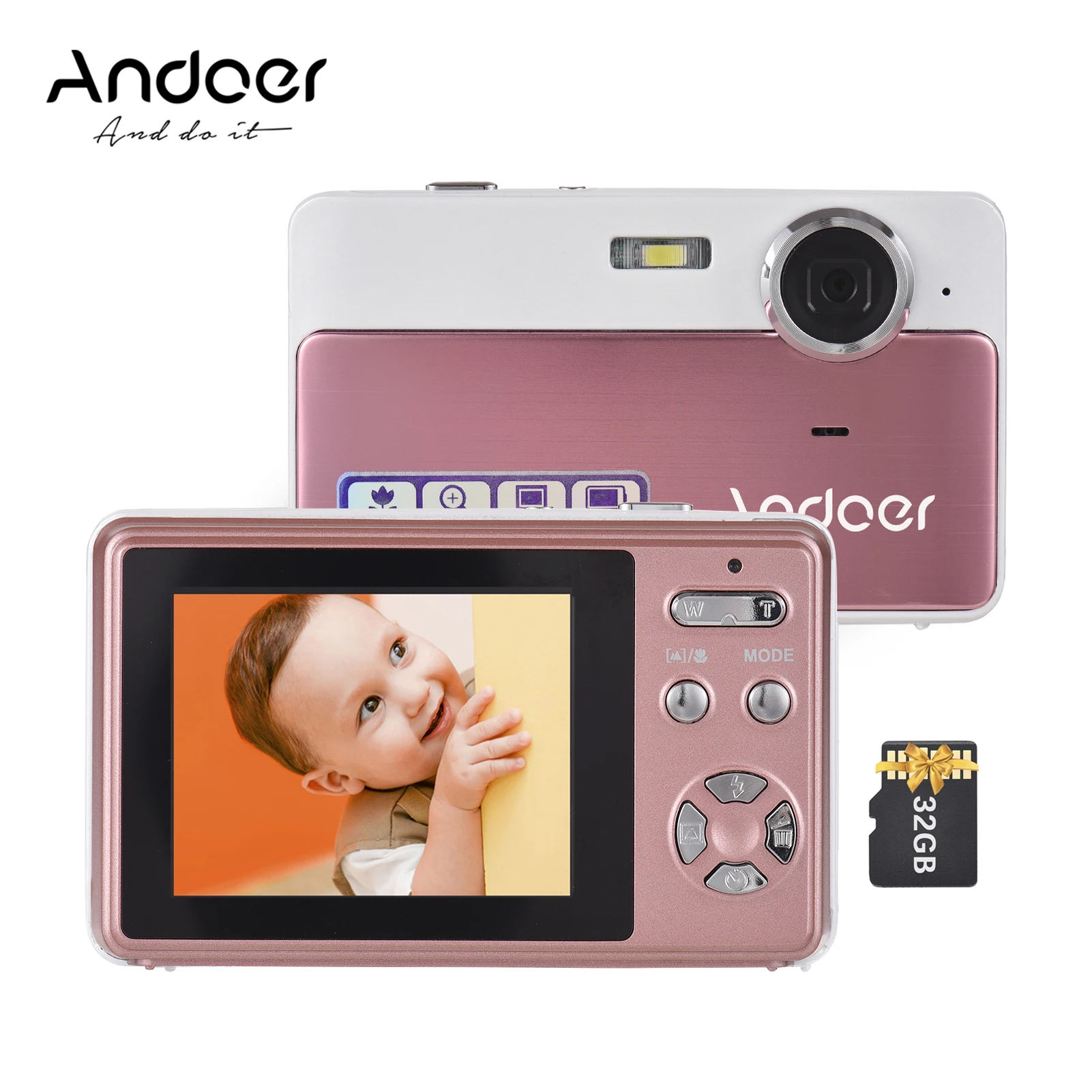 Andoer Детски Цифров Фотоапарат 4K Компактна Видеокамера 48MP 2,4-ИНЧОВ IPS Екран За Улавяне на Усмивки Флаш Батерия 32 GB Карта Коледен Подарък за Бебе Изображение 0