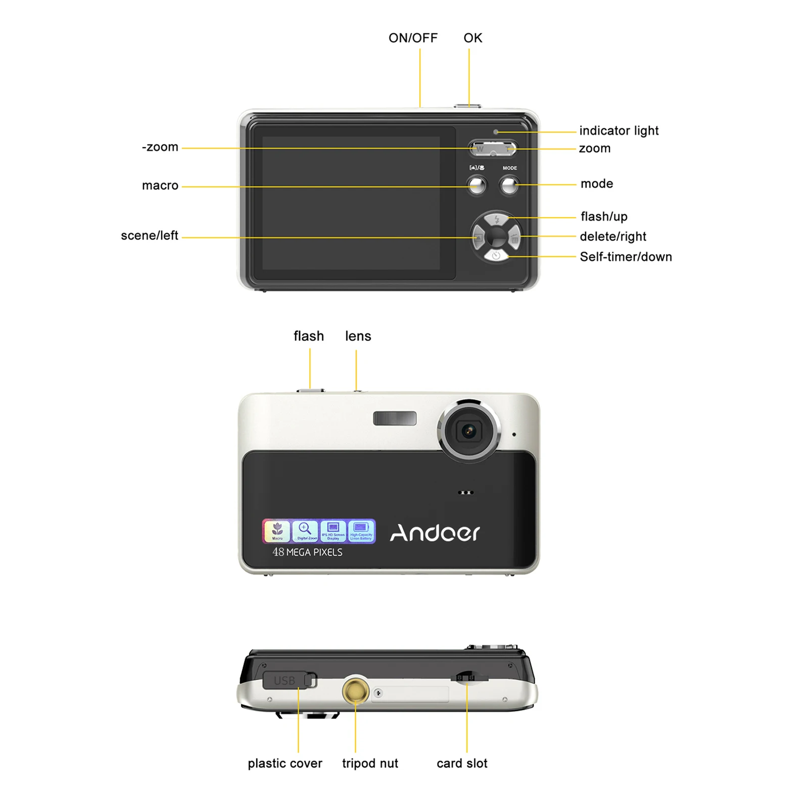 Andoer Детски Цифров Фотоапарат 4K Компактна Видеокамера 48MP 2,4-ИНЧОВ IPS Екран За Улавяне на Усмивки Флаш Батерия 32 GB Карта Коледен Подарък за Бебе Изображение 4