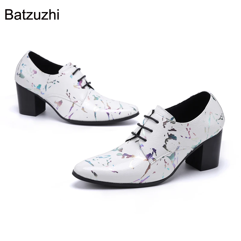 Batzuzhi/мъжки обувки на висок ток 7 см, модел обувки от естествена кожа с шнур и остър бомбе, мъжки бели обувки за Сватби и партита Изображение 0
