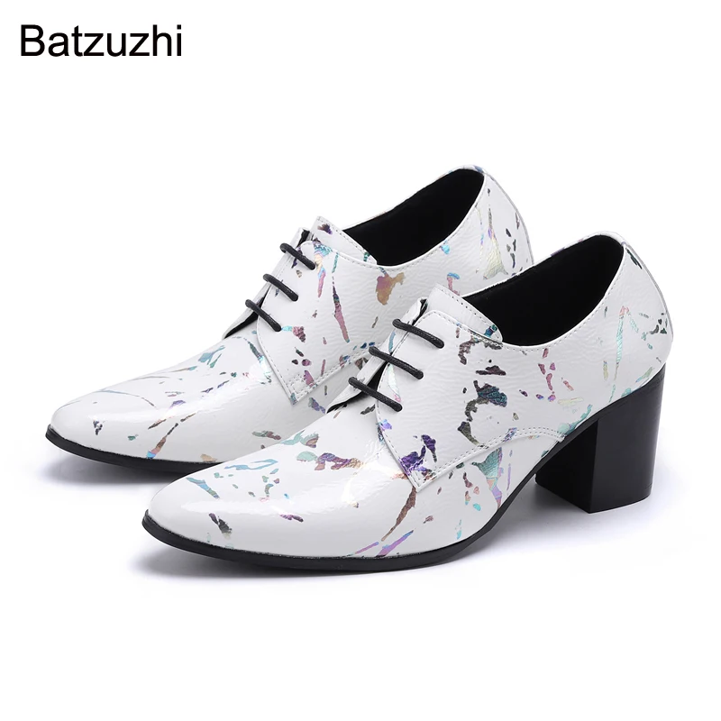 Batzuzhi/мъжки обувки на висок ток 7 см, модел обувки от естествена кожа с шнур и остър бомбе, мъжки бели обувки за Сватби и партита Изображение 1